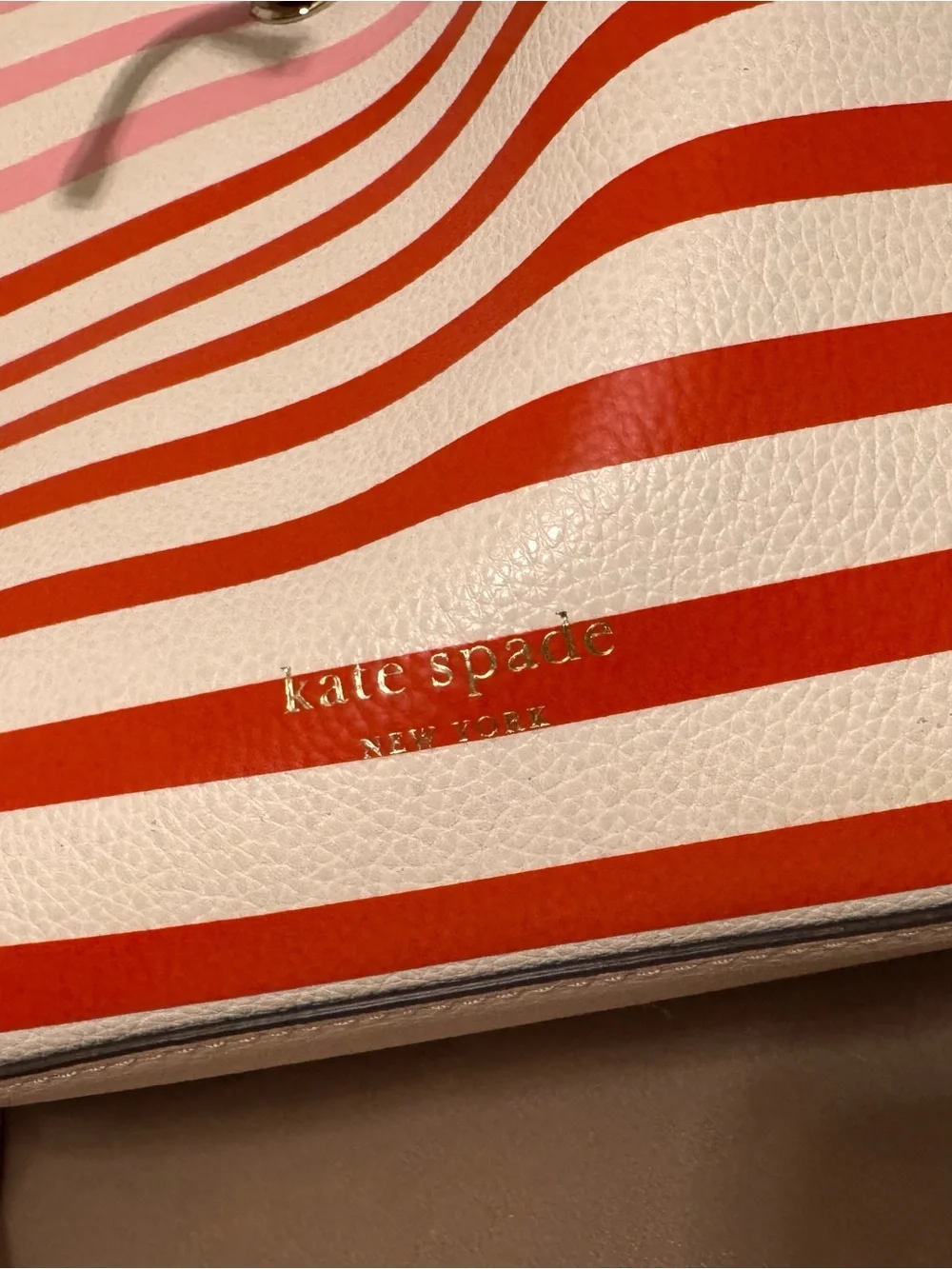 kate spade White, Pink & Red Striped Leather Drawstring Bucket Bag